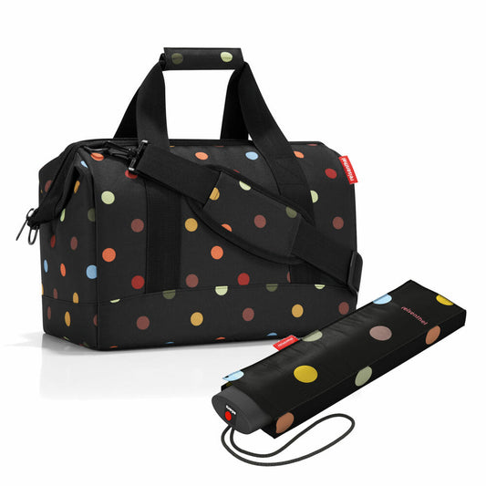 reisenthel allrounder M mit umbrella pocket mini Set, Reisetasche, Regenschirm, Dots, 18 L, 2-tlg.