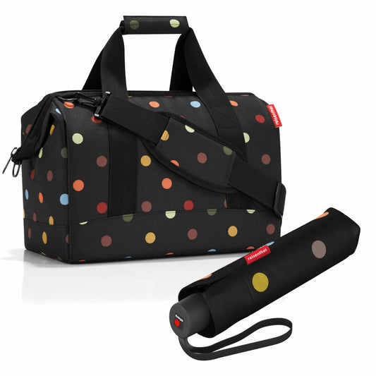 reisenthel allrounder M mit umbrella pocket classic Set, Reisetasche, Regenschirm, Dots, 18 L, 2-tlg.