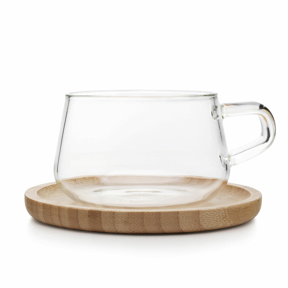VIVA Classic Glastasse mit Untersetzer, Teetasse, Tasse, Borosilikatglas / Holz, 250 ml, V75800
