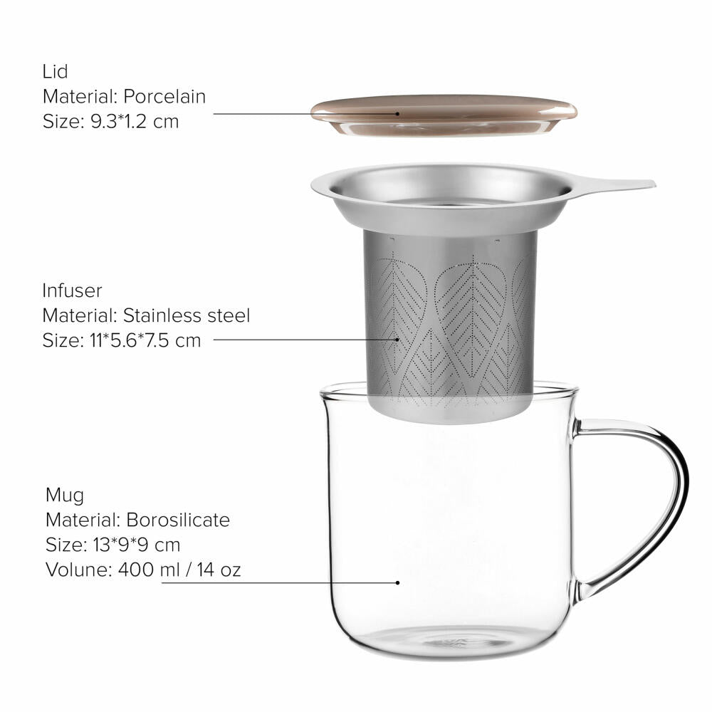 VIVA Minima glass cup Eva, with tea strainer and lid, cup, tea cup, borosilicate glass, brown, 400 ml, V82762