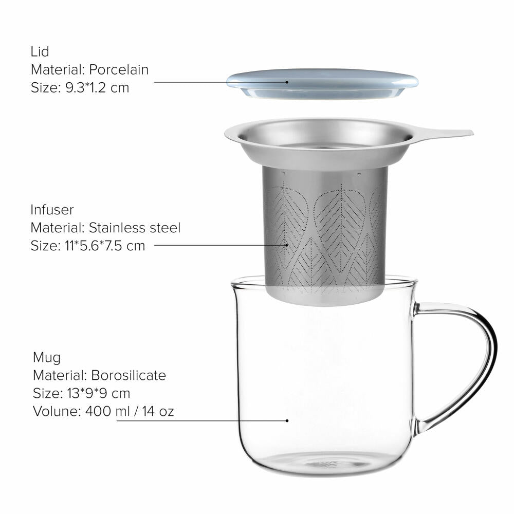 VIVA Minima glass cup Eva, with tea strainer and lid, cup, tea cup, borosilicate glass, light blue, 400 ml, V82763