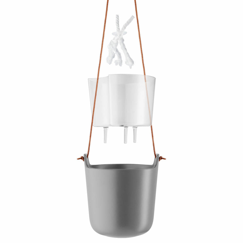 Eva Solo Selbstbewässernder Topf Hängend, Kräutertopf, Übertopf, Dekoration, Pflanzen, Steinzeug und Kunststoff/Nylon/Lederband, Nordisch Grau, Ø 15 cm, 568161