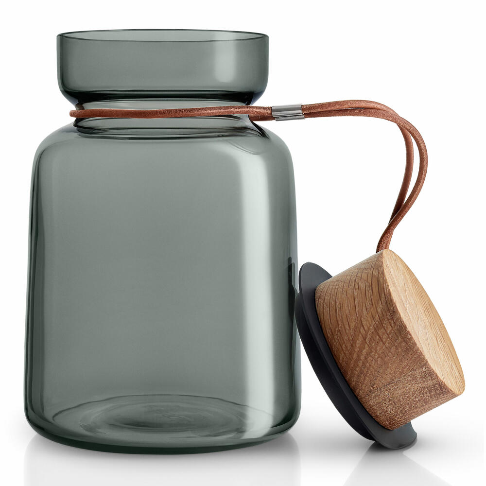 Eva Solo Silhouette storage jar, storage jar, glass container, preserving jar, smoked glass/wood/silicone/leather, 1 L, 591502