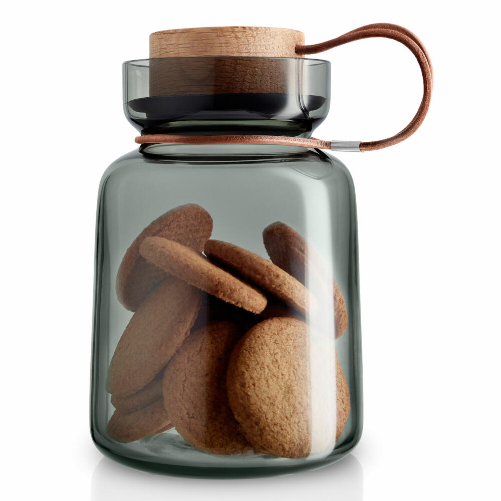 Eva Solo Silhouette storage jar, storage jar, glass container, preserving jar, smoked glass/wood/silicone/leather, 1 L, 591502