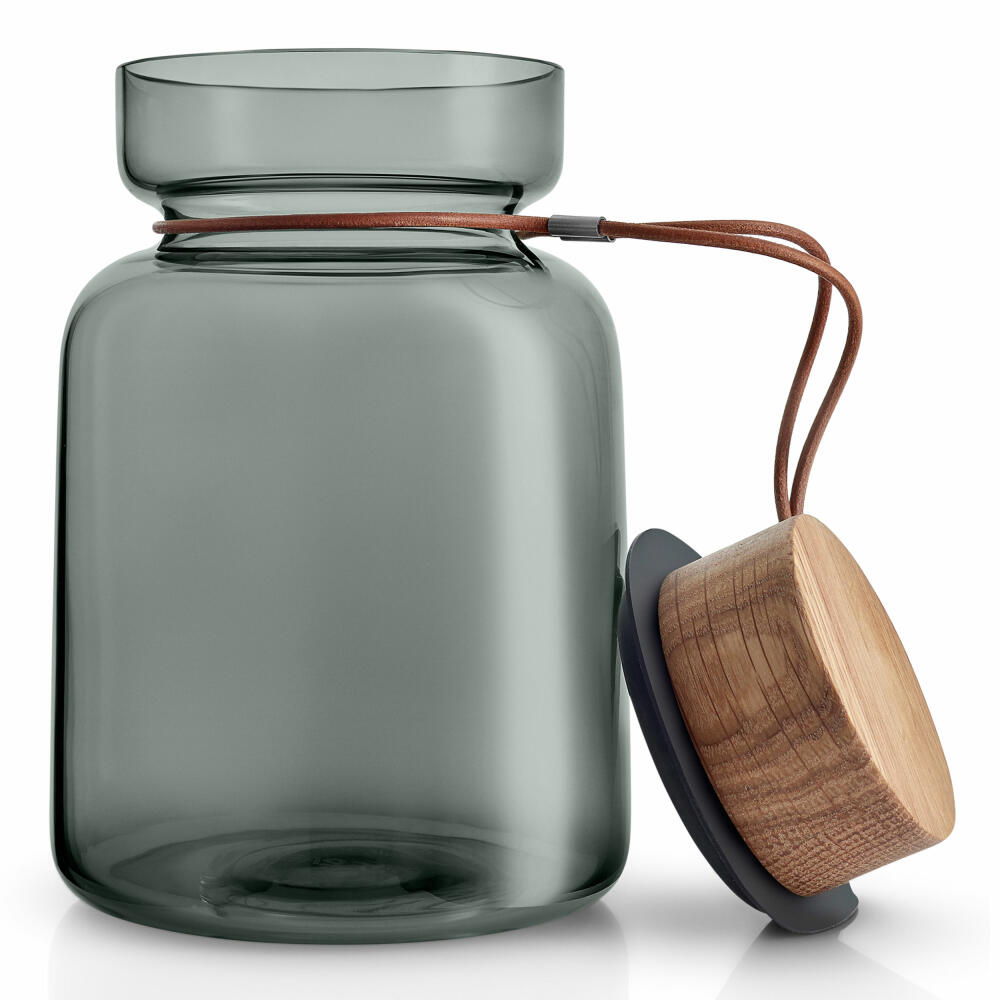 Eva Solo Silhouette storage jar, storage jar, glass container, preserving jar, smoked glass/wood/silicone/leather, 1.5 L, 591503