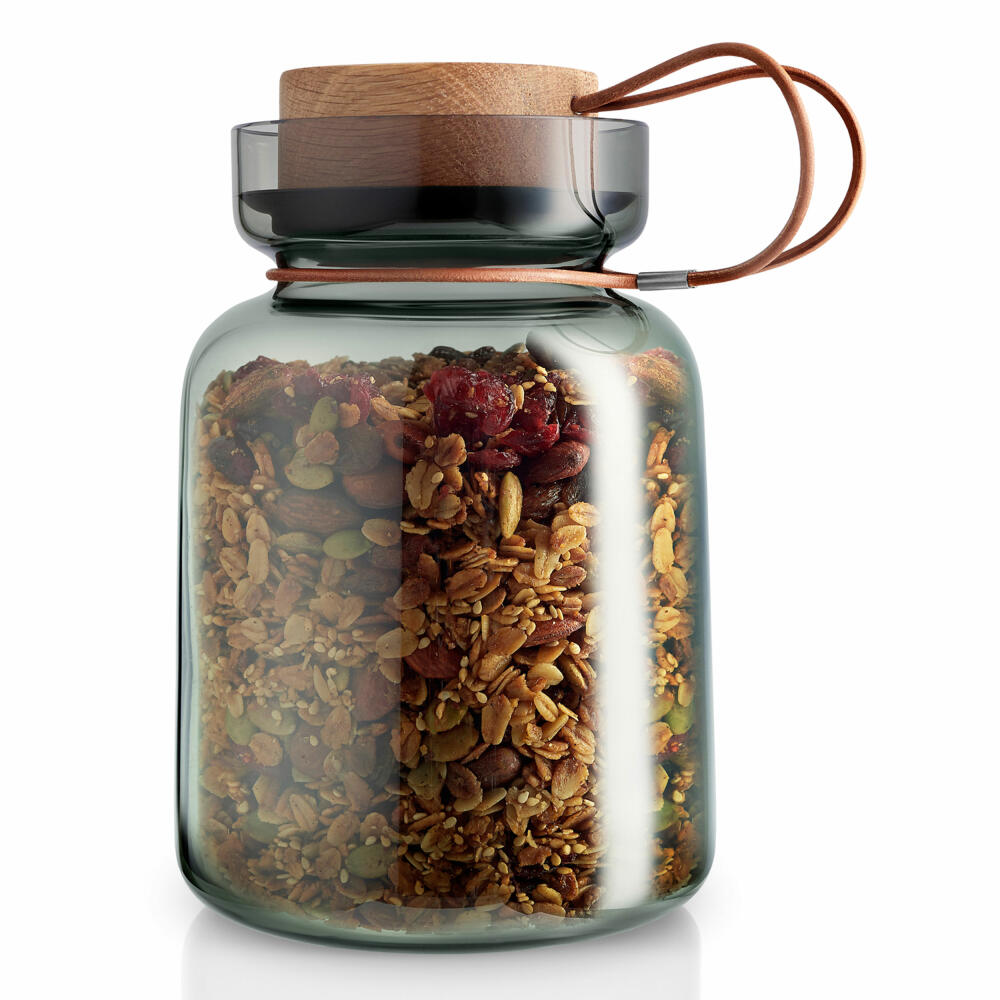 Eva Solo Silhouette storage jar, storage jar, glass container, preserving jar, smoked glass/wood/silicone/leather, 1.5 L, 591503