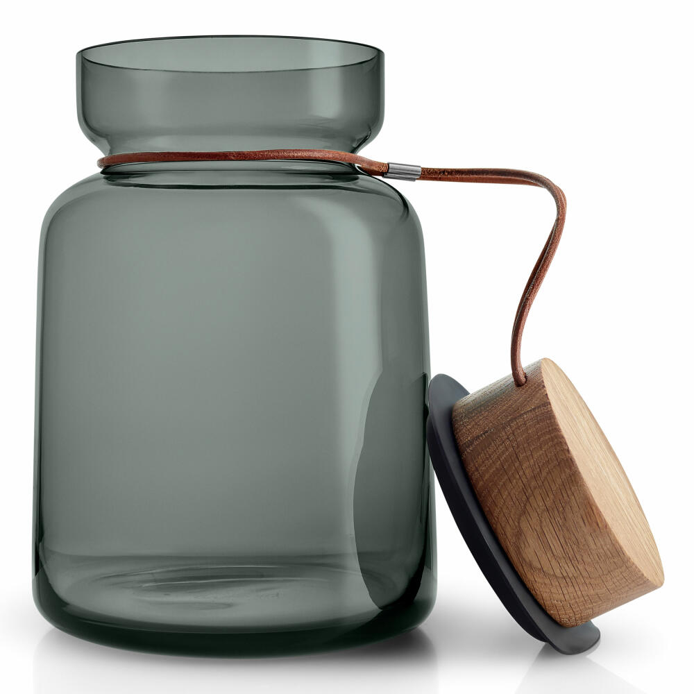 Eva Solo Silhouette storage jar, storage jar, glass container, preserving jar, smoked glass/wood/silicone/leather, 2 L, 591504
