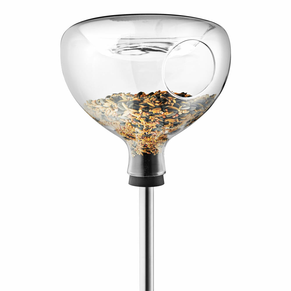 Eva Solo glass bird feeder with bird bath, bird feed dispenser, feeding station, glass, silicone, stainless steel, transparent, 571003