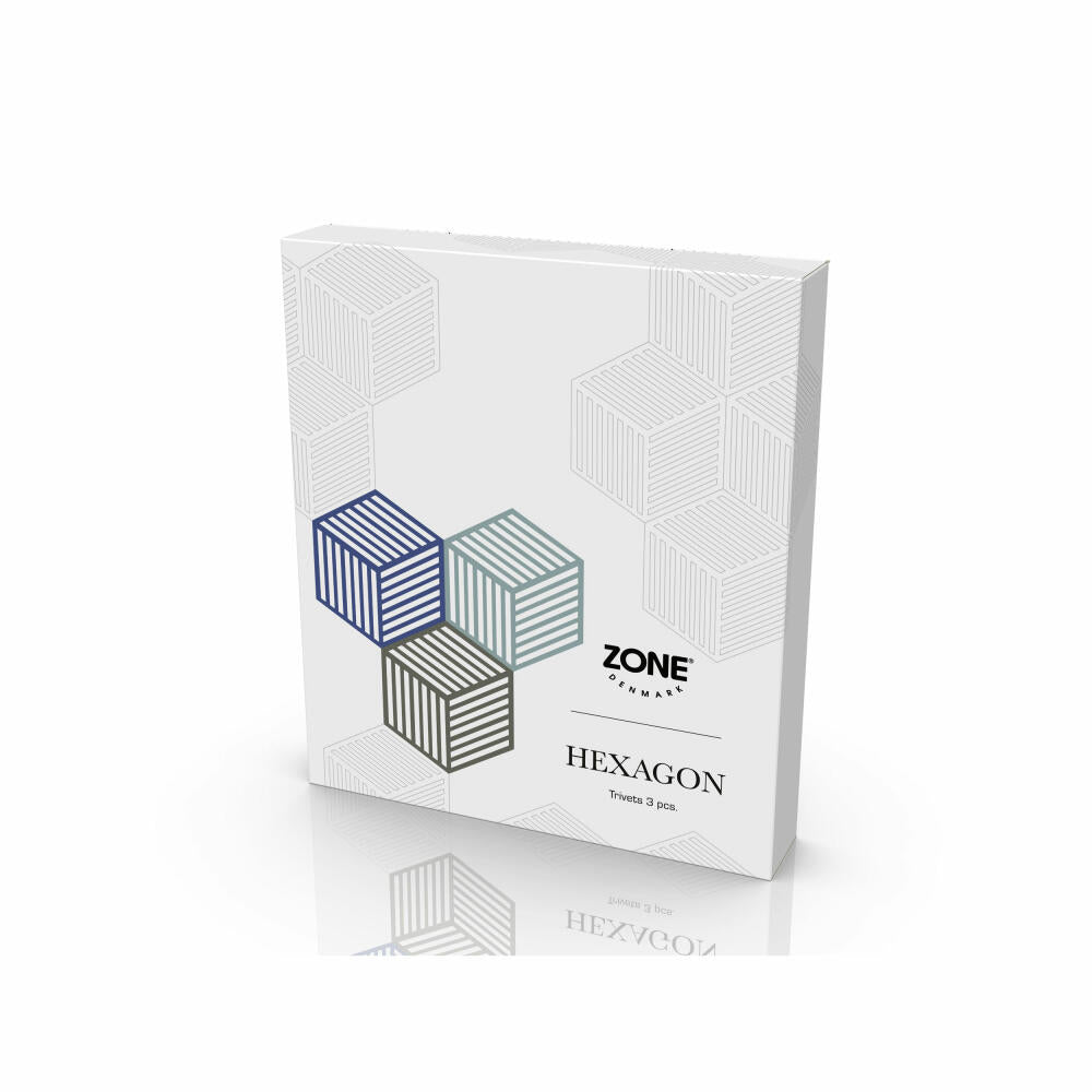 Zone Denmark Coasters Hexagon Set of 3 Indigo Blue Fog Olive Taupe, Silicone, Colorful, 16 x 14 cm, 32703