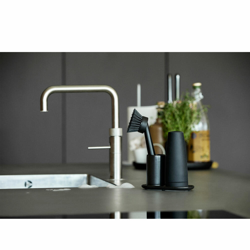 Zone Denmark Dishwashing Set Singles, 3-piece, Soap Dispenser, Dish Brush, Utensil Holder, Ceramic, Black, 332056