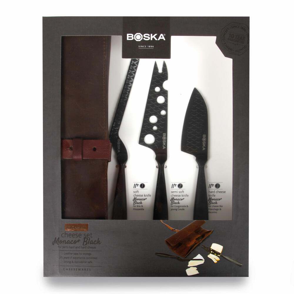 Boska Käsemesser-Set Monaco+ Schwarz, 3-tlg. mit Lederhülle, Käsemesser, Edelstahl, Schwarz, 28 cm, 307089