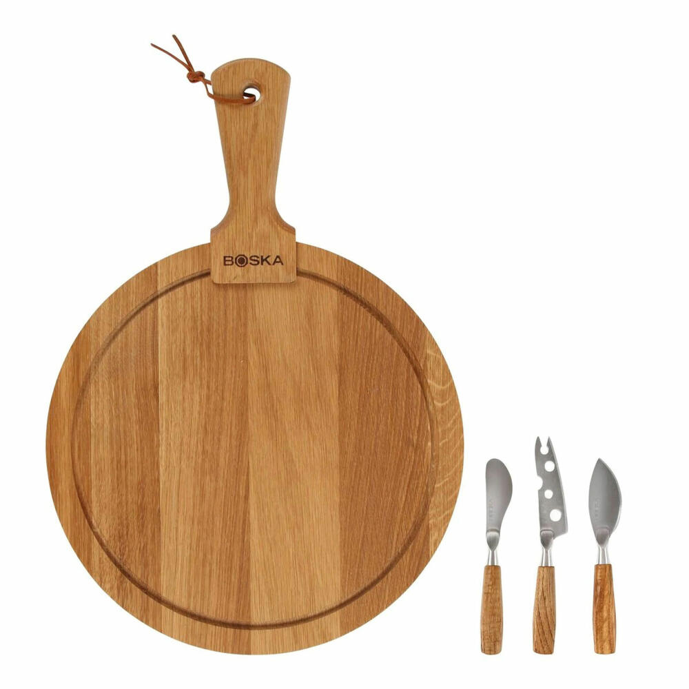 Boska Cheese Set Friends Round 4-piece, Cheese Board with 3 Cheese Knives, Oak Wood, 29.5 cm, 320368
