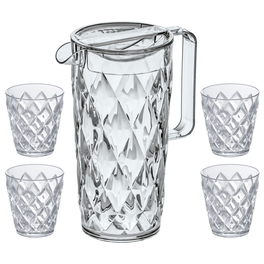 Koziol Crystal Kanne mit 4 Becher, Trinkkanne, Trinkbecher, Wasserbecher, Saftkanne, Kunststoff, Crystal Clear, 1.6 L, 4007535