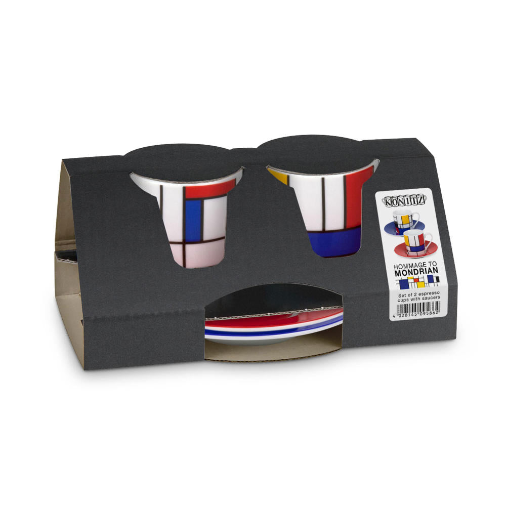 Könitz Hommage to Mondrian Espresso Geschenkset, 4-tlg., 2 Espresso Tassen mit Untertasse, Porzellan, 85 ml, 11 5 054 1907