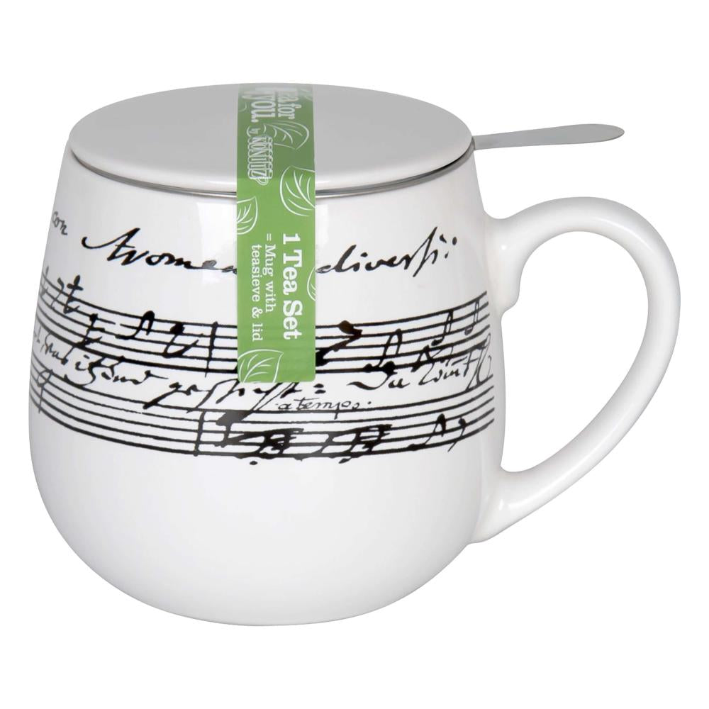Könitz Cantata mug with strainer and lid, coffee mug, coffee cup, coffee cup, tea cup, porcelain, white / black, 420 ml, 11 5 343 0637