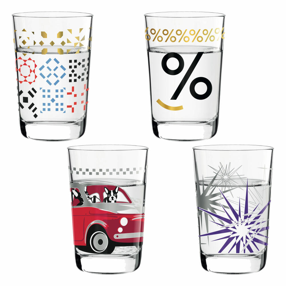 Ritzenhoff Next Shot Schnapsglas, 4er Set mit Reinigungstuch, Nr. 1, N. Ladeiro, C. Van Ommen, A. St. James Frenchie / Stars, Glas, 40 ml