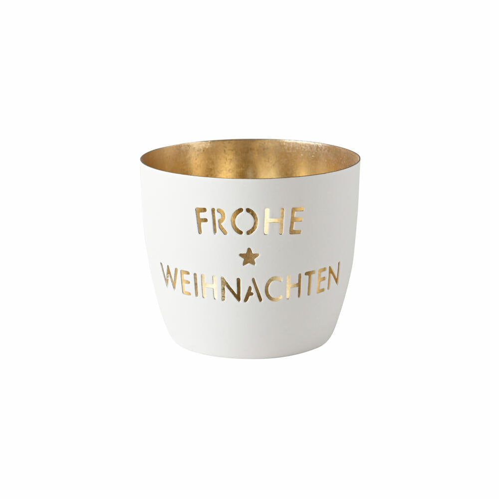 Gift Company Windlicht Madras Frohe Weihnachten M, Teelichthalter, Kerzenhalter, Eisen, Weiß / Gold, H 8.5 cm, 1171604001