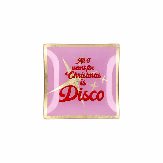 Gift Company Glasteller Love Plates S, All i want for Christmas is Disco, Dekoteller, Ablage, Glas, Rosa / Rot, , Ø 10 cm, 1213303012