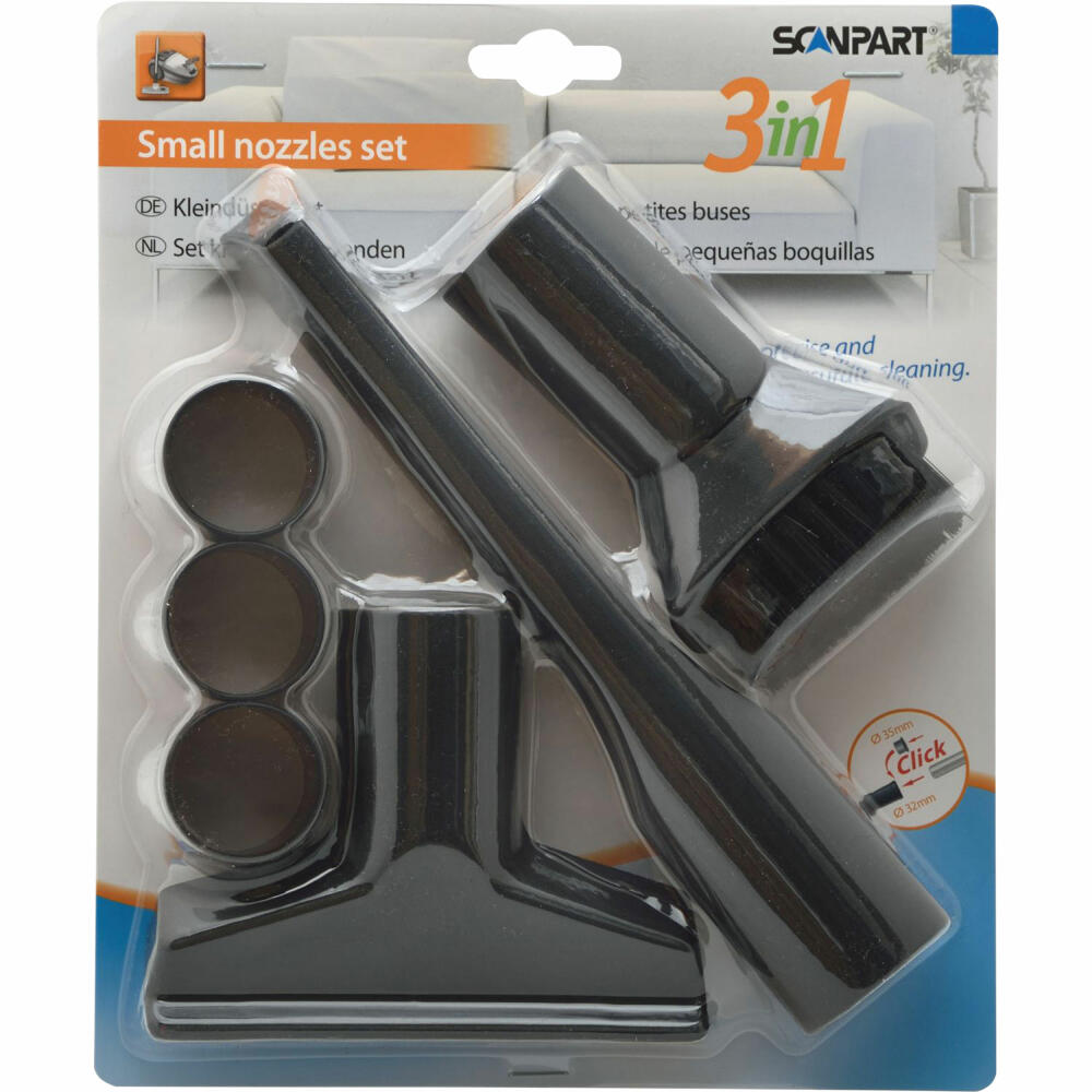 Scanpart small nozzle set 3-piece universal 35/32 mm, upholstery nozzle, crevice nozzle, furniture brush, vacuum cleaner nozzle, 1190000112