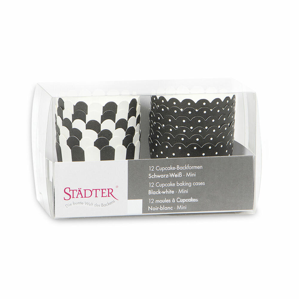 Städter Cupcake-Backform Schwarz-Weiß Mini, 12 Stück, Papierförmchen, Backförmchen, Papierbackförmchen, Papier, 337244