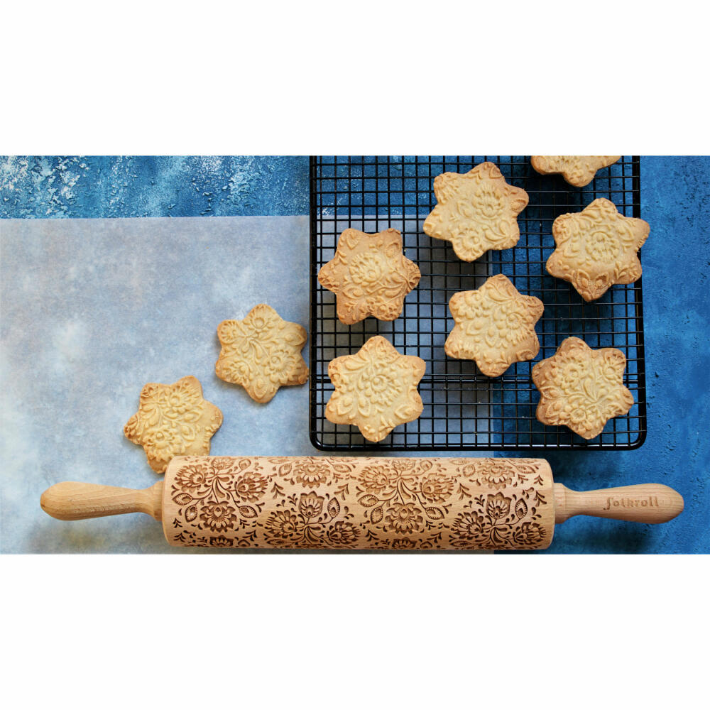 Folkroll rolling pin Folk Floral, large, 43 cm, rolling pin, embossing roll, pattern, motif, roll, beech wood, 330210