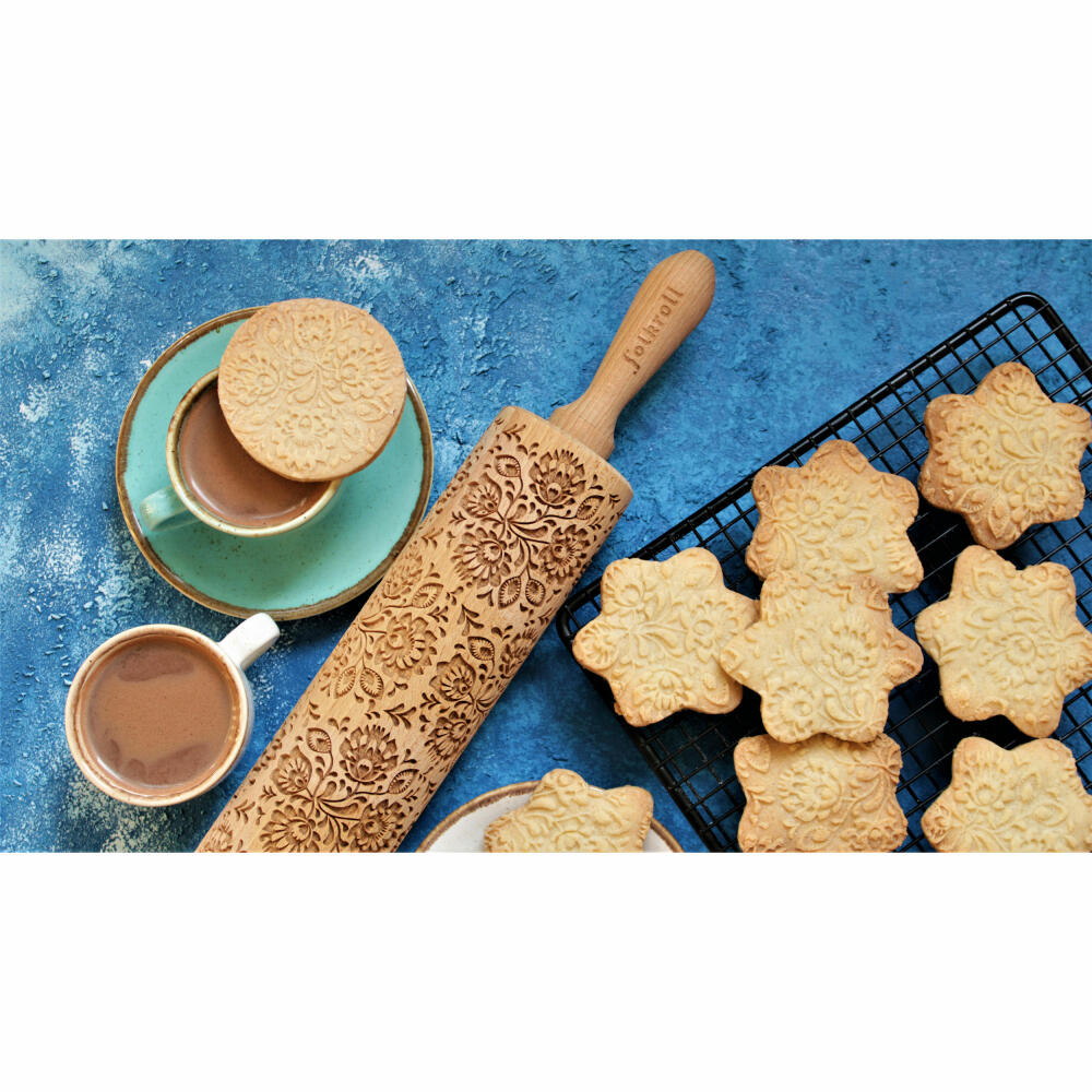 Folkroll rolling pin Folk Floral, large, 43 cm, rolling pin, embossing roll, pattern, motif, roll, beech wood, 330210