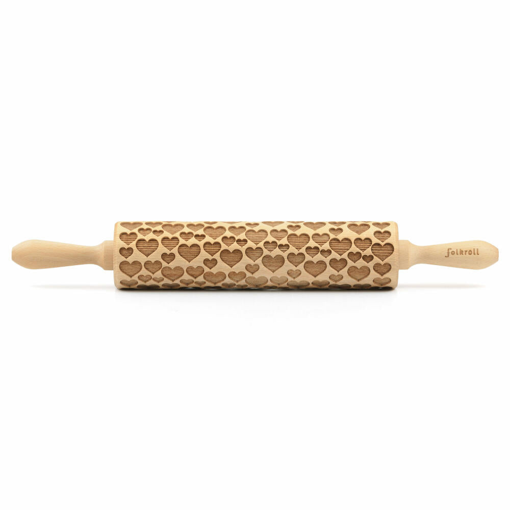 Folkroll rolling pin hearts, large, 43 cm, rolling pin, embossing roll, pattern, motif, roll, beech wood, 331415