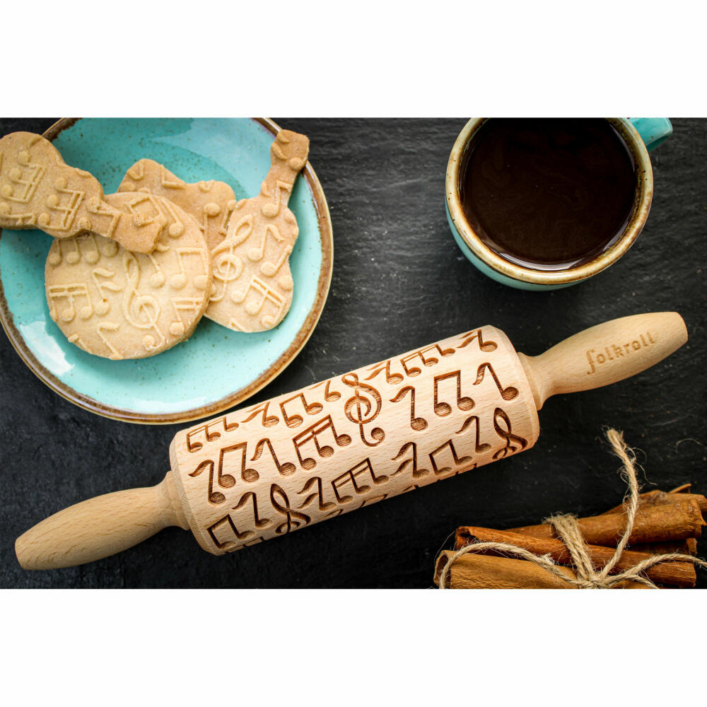 Folkroll rolling pin music, junior, 23 cm, rolling pin, embossing roll, pattern, motif, roll, beech wood, 332849