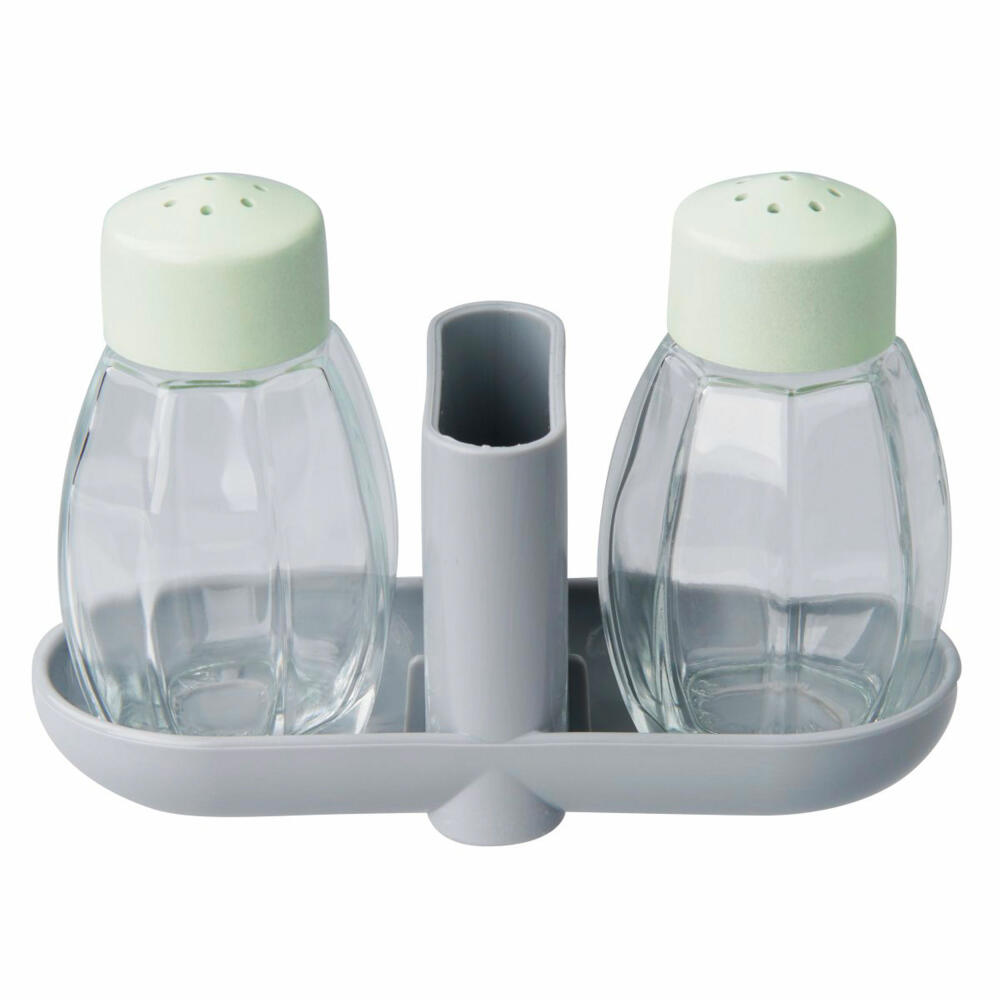 Fackelmann Menage with salt and pepper shaker Eco, tray with toothpick dispenser 3-piece, Green PE, glass, 33040