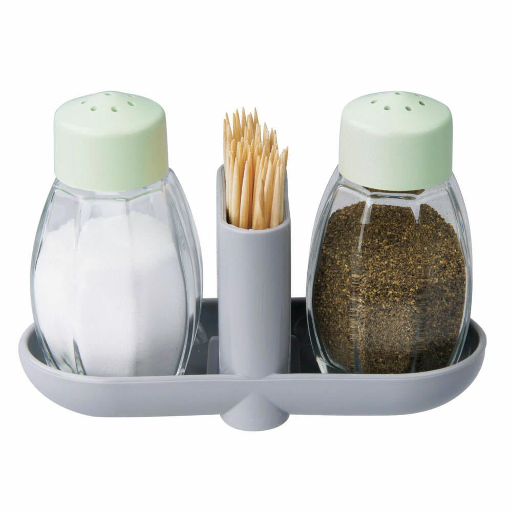 Fackelmann Menage with salt and pepper shaker Eco, tray with toothpick dispenser 3-piece, Green PE, glass, 33040