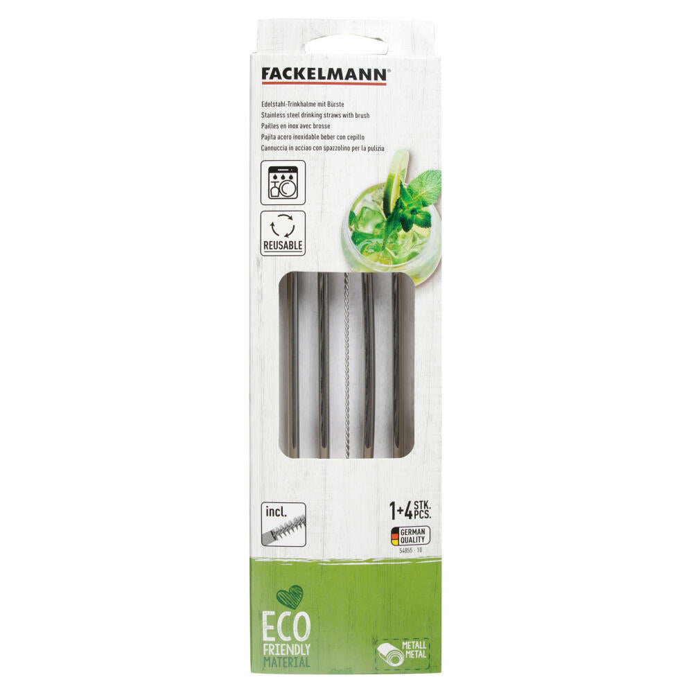 Fackelmann Trinkhalme Eco 4er Set, mit Bürste, Edelstahl, 24 cm, 54855