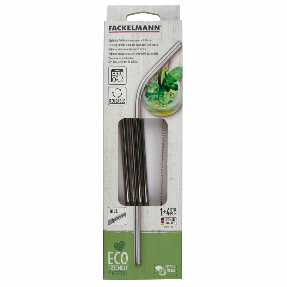Fackelmann Trinkhalme Eco 4er Set gebogen, mit Bürste, Edelstahl, 24 cm, 54857