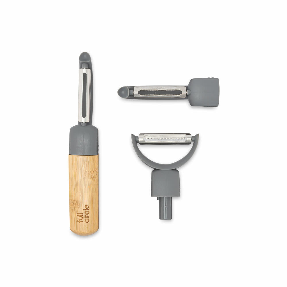 Full Circle Home 3-in-1 Schäler Peel Good, Küchenschäler mit 3 Aufsätzen, Bambus, Edelstahl, Recycling-Kunststoff, Grau, FC21703GY