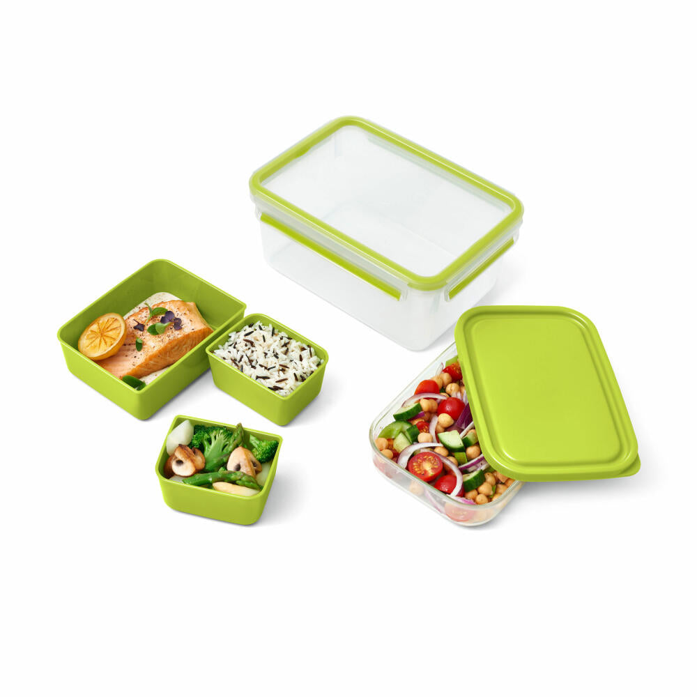 Emsa Lunchbox Clip &amp; Go XL, food container with 3 inserts, lunch box, plastic, green, 2.2 liters, N1071600