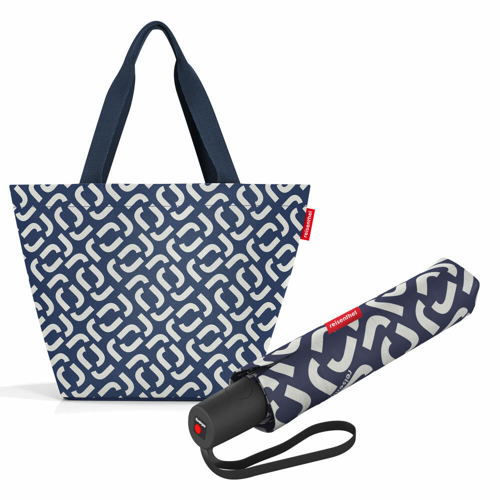 reisenthel shopper M with umbrella pocket duomatic set, shopping bag, umbrella, Signature Navy, 15 L, 2-pcs.