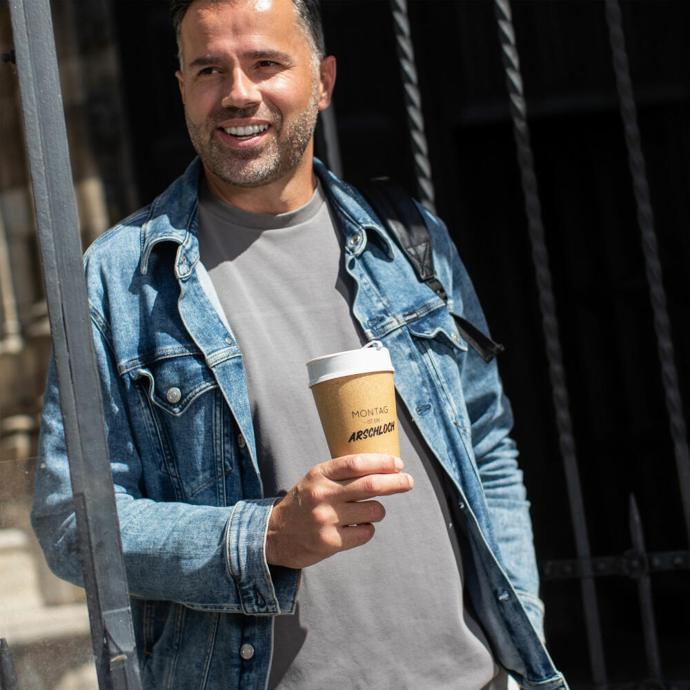 Koziol Thermobecher Iso To Go Montag Ist..., Isolierbecher, Kunststoff-Holz-Mix, Nature Wood, 400 ml, 7007119