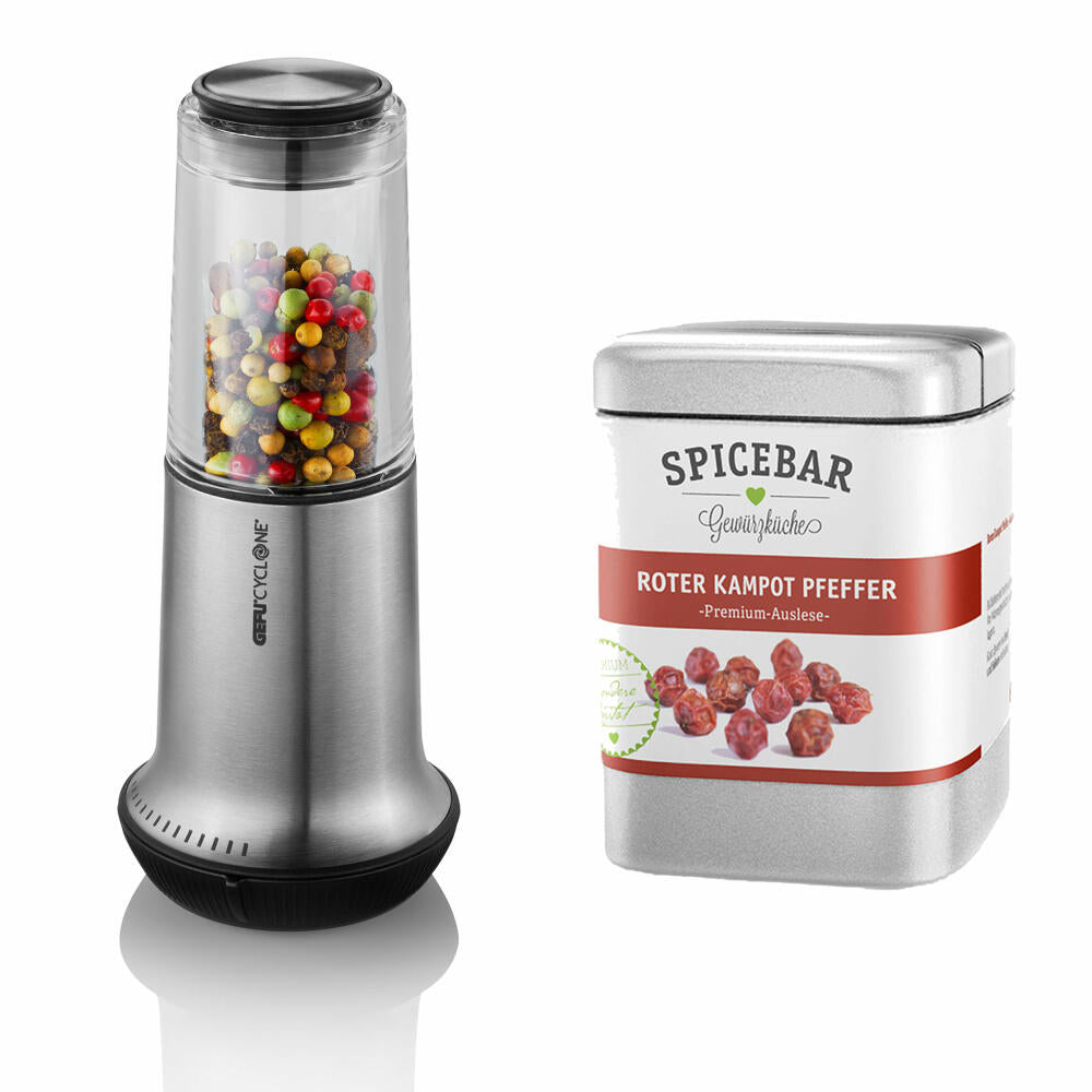 Gefu Salz- oder Pfeffermühle X-Plosion M Set mit Spicebar Roter Kampot Pfeffer 80 g