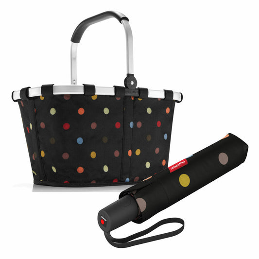 reisenthel carrybag mit umbrella pocket duomatic Set, Einkaufskorb, Regenschirm, Dots, 22 L, 2-tlg.
