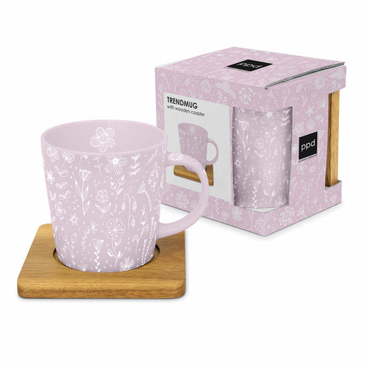 PPD Pure Flower Rosé Trend Mug Nature, mit Holzuntersetzer, Tasse, Teetasse, Kaffee Becher, 350 ml, 604309