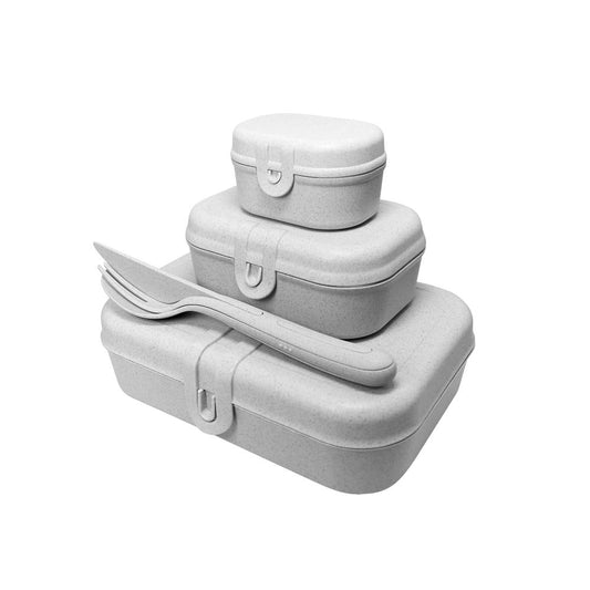 Koziol Lunchbox-Set + Besteck-Set Pascal Ready, Brotdose, Brotbox, Speisegefäß, Thermoplastischer Kunststoff, Organic Grey, 3168670