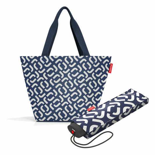 reisenthel shopper M mit umbrella pocket mini Set, Einkaufstasche, Regenschirm, Signature Navy, 15 L, 2-tlg.