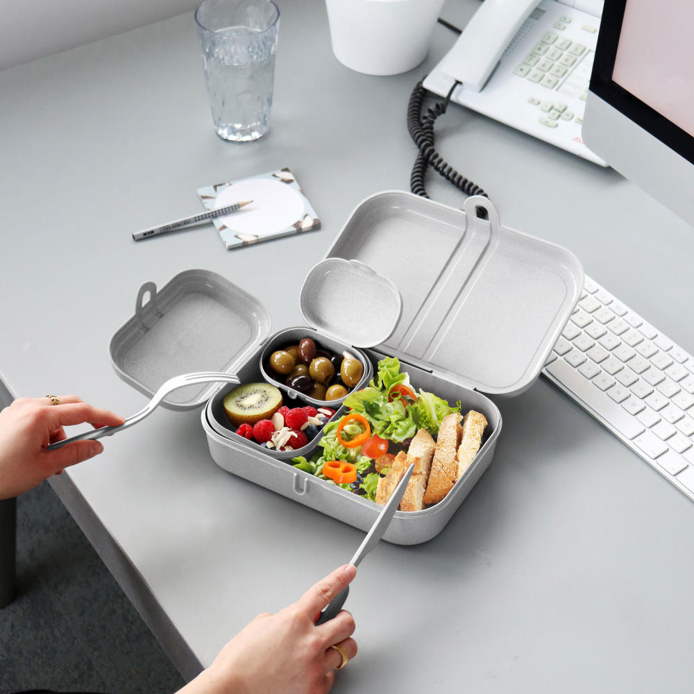 Koziol Lunchbox-Set + Besteck-Set Pascal Ready, Brotdose, Brotbox, Speisegefäß, Thermoplastischer Kunststoff, Organic Grey, 3168670