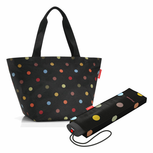 reisenthel shopper M with umbrella pocket mini set, shopping bag, umbrella, dots, 15 L, 2-pcs.