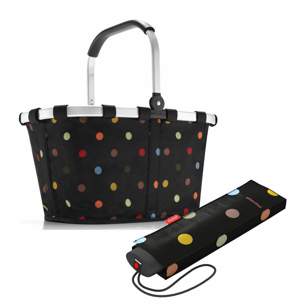 reisenthel carrybag mit umbrella pocket mini Set, Einkaufskorb, Regenschirm, Dots, 22 L, 2-tlg.