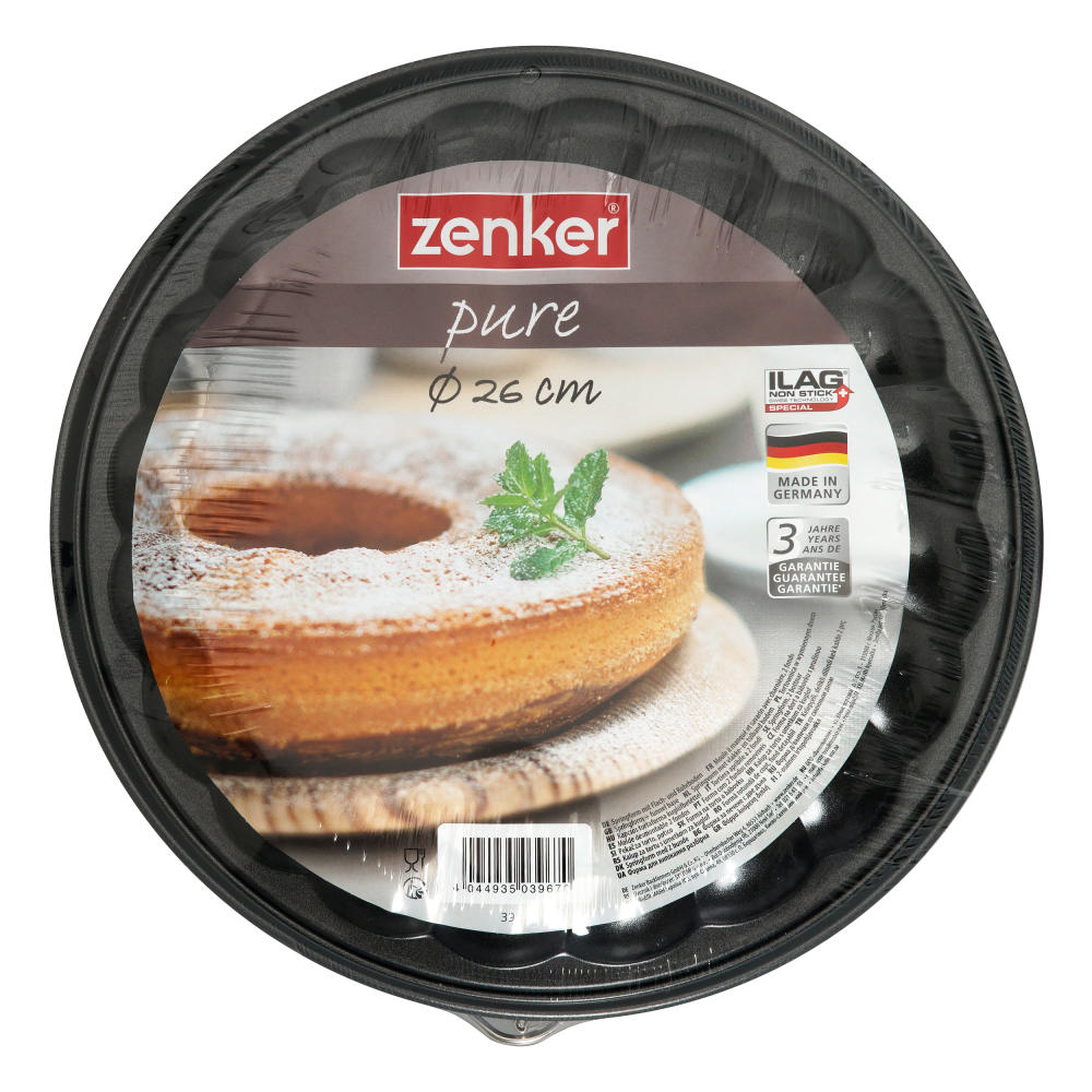 Zenker Pure Springform mit Flach- und Rohrboden, Spring Form, Backform, Kuchenform, Ilag Special, Schwarz, Ø 26 cm, 3967