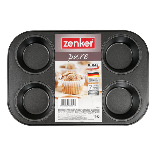 Zenker Pure Muffinblech, Muffinform, Muffin Form, Backform, für 6 Muffins, Antihaftbeschichtung mit Stahlblech / Ilag Special, Schwarz, L 28 cm, 3984