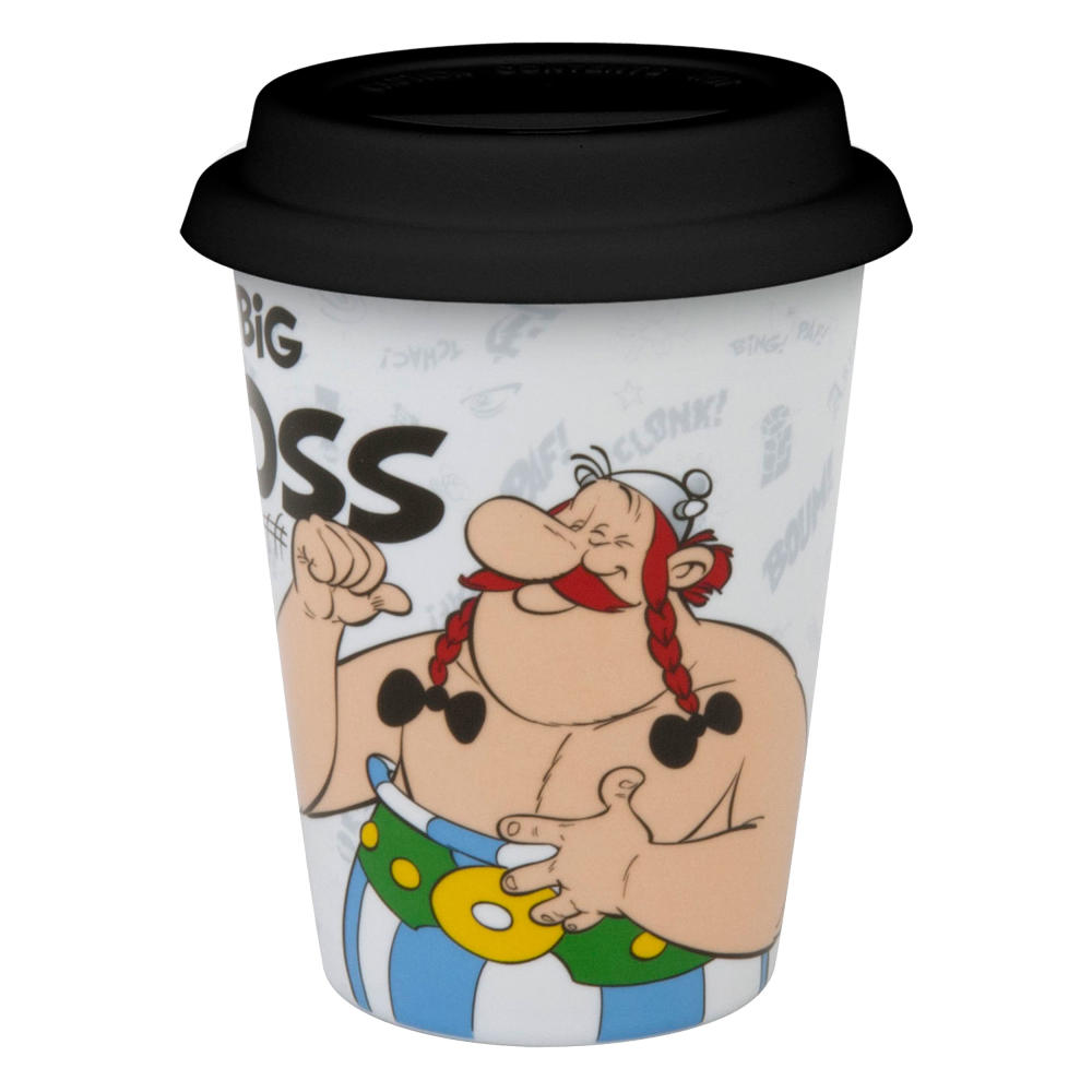 Könitz Characters Coffee to Go Mug with Lid - Big Boss, Obelix, Coffee Mug, Coffee Cup, Silicone Lid, Porcelain, 380 ml, 11 5 162 2248