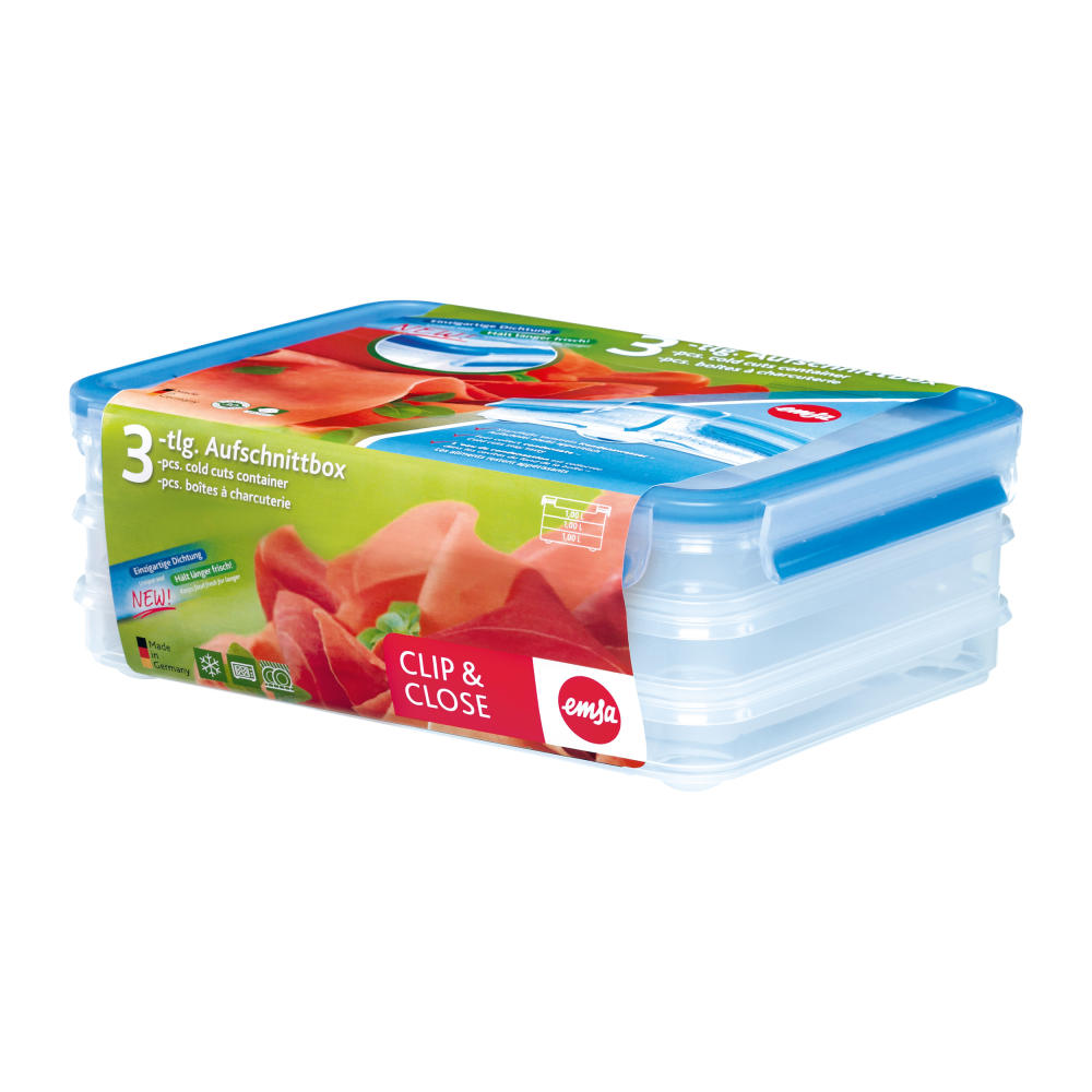 Emsa Clip & Close Aufschnittbox 1 L, Brotdose, Frischhaltebox, Käse-Wurstbox, 508556