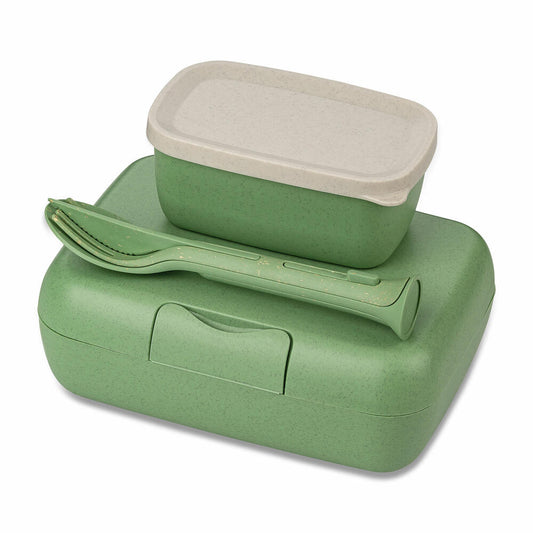 Koziol Lunchbox-Set + Besteck-Set Candy Ready, Kunststoff-Holz-Mix, Nature Leaf Green, 7272703