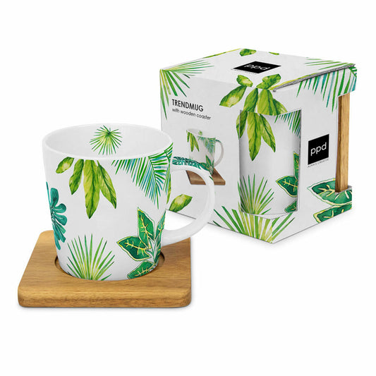 PPD Jungle Trend Mug Nature, mit Holzuntersetzer, Tasse, Teetasse, Kaffee Becher, 350 ml, 604378